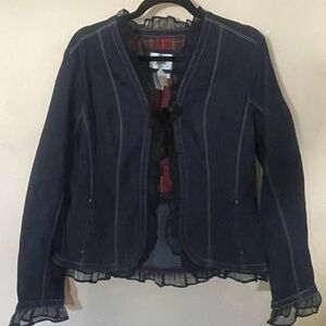 LAL Live a Little Sz L SBLUE DENIM JACKET EYELET HOOK FRINGE EDGE 🔥EUC​